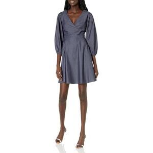 Shoshanna Kiora Puff Sleeve Mini Dress Dark Blue‎ Chambray 10 Fit and Flare